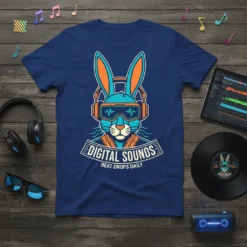 Digital Sounds Beat Drops Daily t-shirt featuring a blue rabbit DJ with headphones and goggles, text "DIGITAL SOUNDS BEAT DROPS