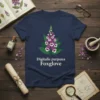 Digitalis purpurea Foxglove t-shirt with botanical illustration of purple flowers and scientific name
