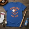 Dingers All Day baseball t-shirt design featuring crossed bats, a baseball with flames, and a crown