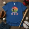 Dingertown USA t-shirt with a baseball player swinging at bat during sunset, vintage graphic, bold red lettering