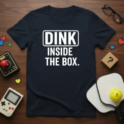 Navy t-shirt with white text that reads "DINK INSIDE THE BOX." for pickleball players