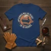 Dinner Will Be Ready In 18 Hours text with smoker graphic, meat cleaver, and steak on navy blue t-shirt