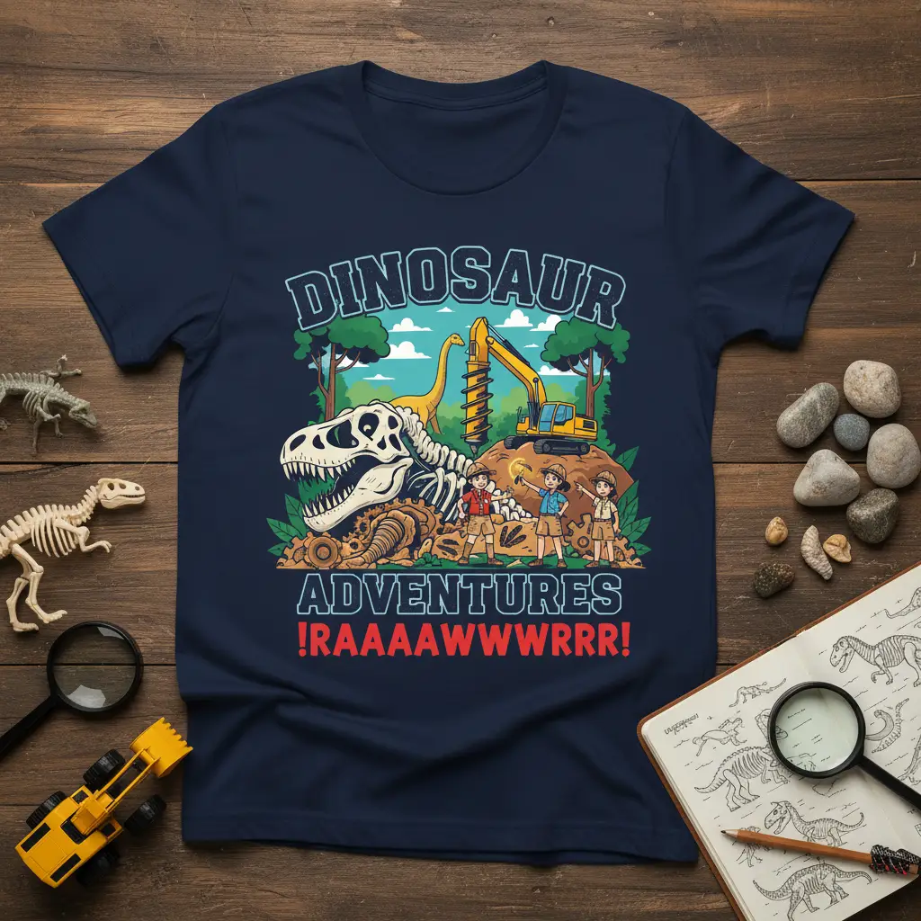Dinosaur Adventures !RAAAAWWWRRR! t-shirt featuring cartoon kids at a dig site with dinosaur skeleton and excavator