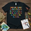 Black t-shirt featuring the Dinosaur Alphabet ABC with colorful dinosaur illustrations for each letter, from A to Z