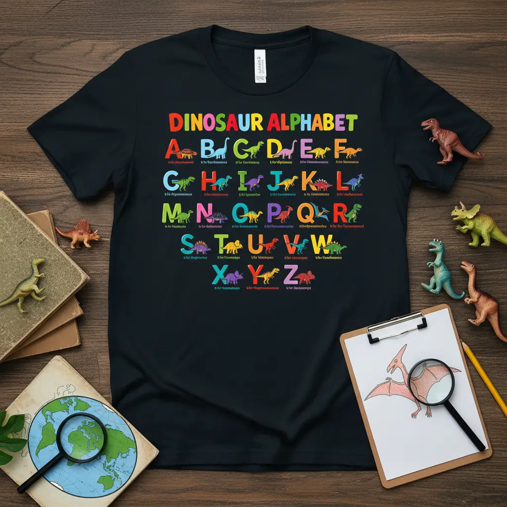 Colorful Dinosaur Alphabet ABC design on a black t-shirt, featuring each letter with a distinct dinosaur illustration