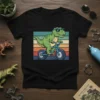 Dinosaur riding a bicycle with sunglasses on a retro striped background, Dinosaur Riding Bicycle T-Shirt