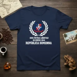 Dominican Republic flag shield with laurel wreath and text Dios Patria Libertad 26 Enero 1844 República Domiinnna on navy t-shirt