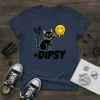 + DIPSY text with a black cat reaching for a melting smiley face graphic on a navy blue t-shirt