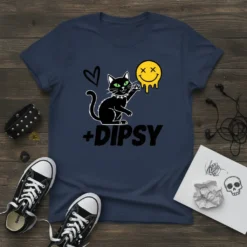 + DIPSY text with a black cat reaching for a melting smiley face graphic on a navy blue t-shirt