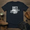 Dirty White Boy text design with a vintage pickup truck graphic on a navy t-shirt