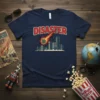 Navy blue t-shirt with "DISASTER" text and a meteor striking a city in a retro comic book style graphic