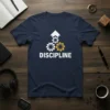 Navy blue t-shirt with the word DISCIPLINE in white capital letters, accompanied by three gears and an upward arrow graphic