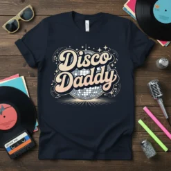 Disco Daddy text in retro font with a disco ball graphic, on a navy t-shirt