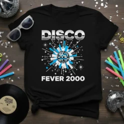 DISCO FEVER 2000 text with a central disco ball graphic and starburst design on a black t-shirt
