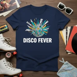 Disco Fever t-shirt with a retro disco ball graphic and bright geometric accents. The text DISCO FEVER is prominently displayed