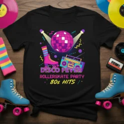 Disco Fever Rollerskate Party 80s Hits text design with disco ball, roller skates, and boombox