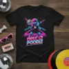 Disco Poodle text design on a black t-shirt with a cartoon poodle dancing with a disco ball