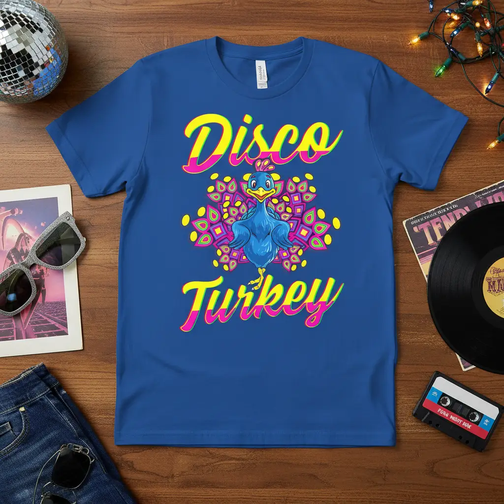 Disco Turkey text with a cartoon blue bird and colorful retro fan graphic on a comfortable t-shirt