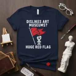 Navy blue t-shirt with white text "Dislikes Art Museums? Huge Red Flag" and a graphic of a red flag and
