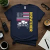 Navy blue t-shirt featuring a Dispatcher American Flag design with headphones and a dispatch desk graphic