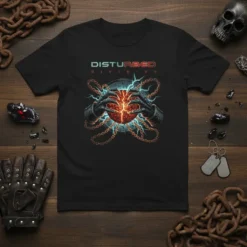 Black t-shirt featuring the Disturbed Divisive album artwork with hands holding a cracked heart and chains