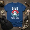 Dive Punta Cana t-shirt with vintage diving helmet, waves, and red sunburst graphic