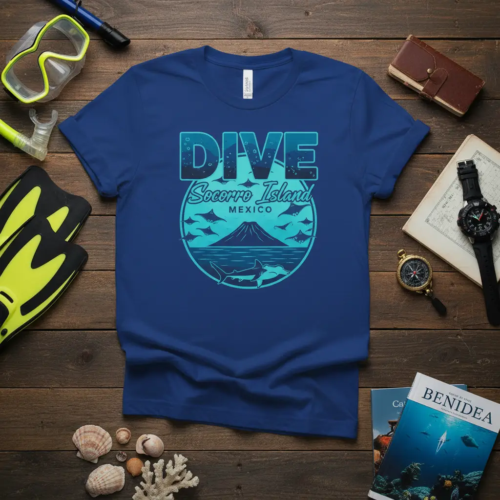 Dive Socorro Island Mexico t-shirt design with ocean graphics, scuba diving theme, and text elements