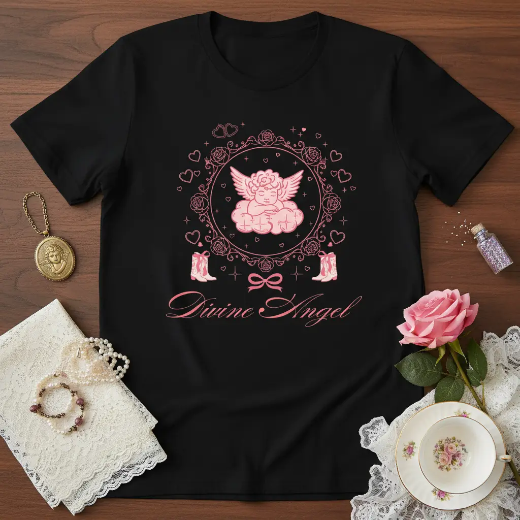 Divine Angel text with a pink cherub graphic, roses, hearts, and cowboy boots on a black tee