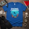 Diving Curaçao t-shirt design featuring a scuba diver, manta rays, colorful coral, and tropical fish in a circular graphic