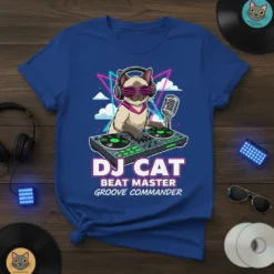 DJ Cat Beat Master Groove Commander text with a Siamese cat wearing headphones and sunglasses on a DJ deck