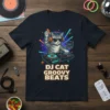 DJ Cat Groovy Beats T-Shirt featuring a cat wearing headphones and sunglasses on a DJ turntable