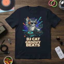 DJ Cat Groovy Beats T-Shirt featuring a cat wearing headphones and sunglasses on a DJ turntable