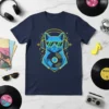 DJ Cat Music Lover graphic t-shirt featuring a blue cat with headphones and sunglasses, wearing a vinyl record