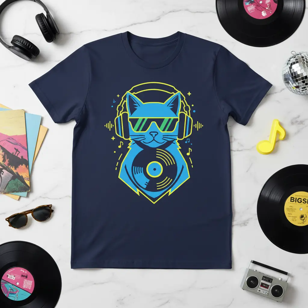 DJ Cat Music Lover unique artwork printed on soft premium material creating a standout t-shirt