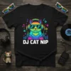 DJ Cat Nip t-shirt design featuring a colorful cat wearing headphones and sunglasses, with music notes and equalizer graphics