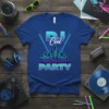 DJ Cool PARTY t-shirt with a neon cityscape graphic, retro music theme, and vibrant colors