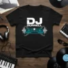 Black t-shirt with white and blue "DJ Durrell" text and DJ console graphic, representing music production and DJing