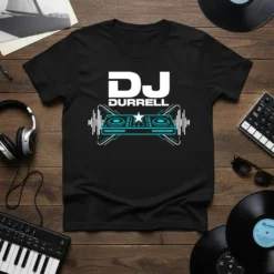 Black t-shirt with white and blue "DJ Durrell" text and DJ console graphic, representing music production and DJing