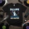 DJ Life Mix Master text design on a black t-shirt featuring a DJ figure and turntables graphic