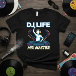 DJ Life Mix Master text design on a black t-shirt featuring a DJ figure and turntables graphic