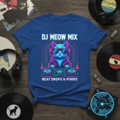 DJ Meow Mix Beat Drops & Purrs T-Shirt featuring a cat wearing sunglasses and headphones at a DJ booth