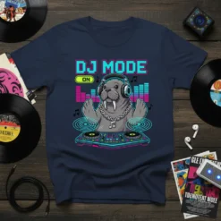 DJ Mode On T-Shirt featuring a cartoon walrus wearing headphones and spinning records on a DJ set, with colorful sound