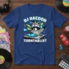 DJ Racoon Turntablist design featuring a raccoon wearing headphones on a turntable, with colorful graphic elements and text