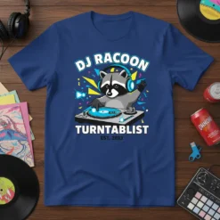 DJ Racoon Turntablist design featuring a raccoon wearing headphones on a turntable, with colorful graphic elements and text