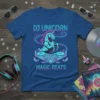 DJ Unicorn Magic Beats t-shirt design with a unicorn on a DJ deck, neon colors, and music notes
