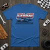 Blue t-shirt with "DMS Danaher Motorsports" text and a blue sports car graphic, perfect for motorsports fans