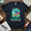 Do I Look Flat Flat To You? text on a navy t-shirt with a retro pixel art superhero design