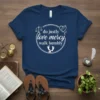 Christian t-shirt with white text "do justly love mercy walk humbly" inside a circle, featuring scales, dove, and footprints
