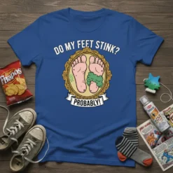Funny t-shirt with text "DO MY FEET STINK? PROBABLY!" and cartoon illustration of stinky feet in a vintage frame