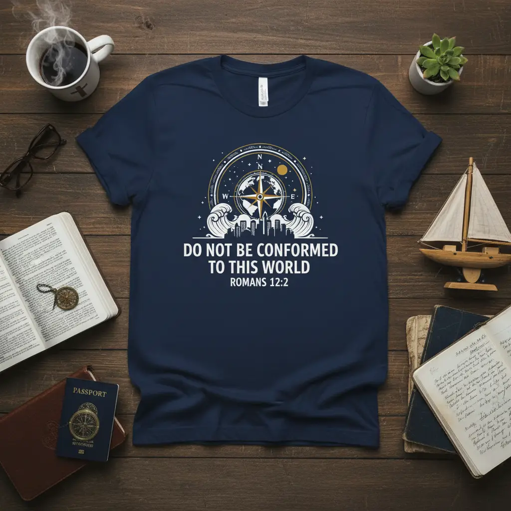 Do Not Be Conformed To This World Romans 12:2 scripture t-shirt with compass and cityscape graphic
